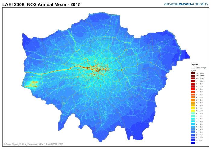 نقشه تجمع نیتروژن دی اکسید لندن ۲۰۱۵